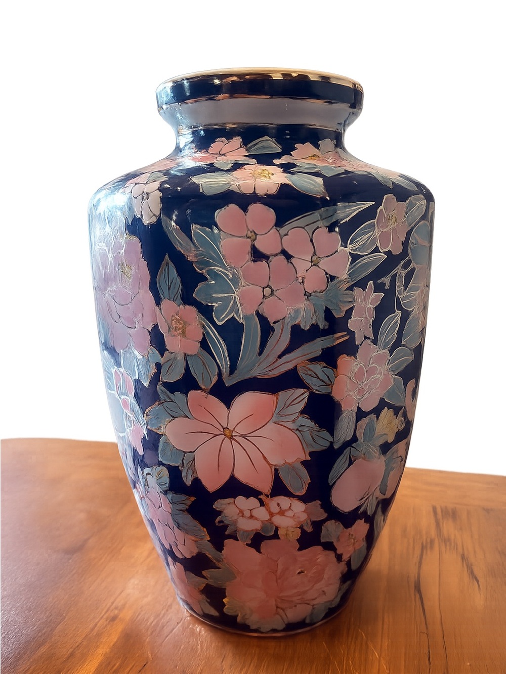Vintage Pier 1 Cobalt Blue Floral Porcelain Vase | Hand Painted Pink Flowers
